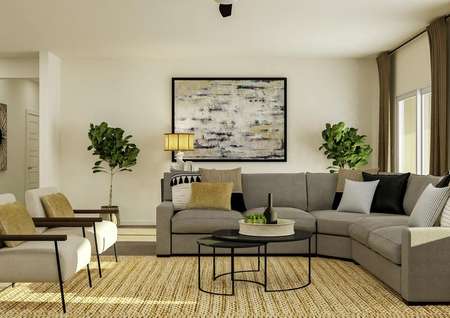 Rendering of the living area featuring a
  large sectional, accent chairs, and a view of the covered patio in the
  background.