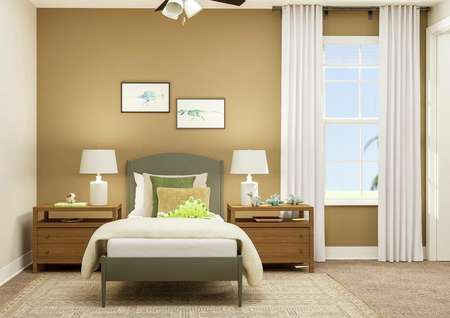 Rendering of second bedroom showing a
  grey framed child's bed with matching nightstands along a tan accent wall, a
  ceiling fan, and window with curtains with beige carpet flooring throughout.