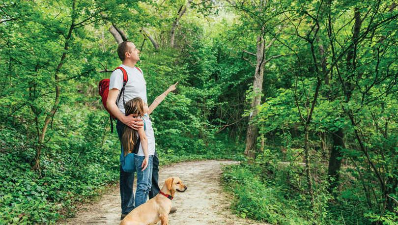 Father, daughter and family dog hiking on the walking trails