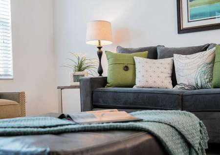 Sea Forest Beach Club model home with dark gray sofa with green and light colored pillows, throw blanket with magazine on it, and framed painting on the wall