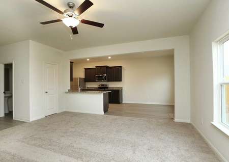 Spacious living room with carpet, ceiling fan, window to backyard, view into kitchen, dining, foyer and powder bath