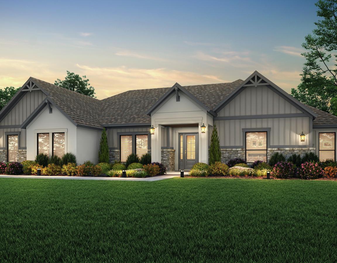 Dusk rendering of the Mantle plan with tan stucco and gray siding and stone accents.