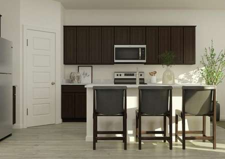 Rendering of the kitchen featuring dark
  wood cabinetry, large island, and stainless steel appliances.