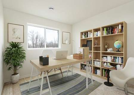 Photo of a home office with a modern style desk and chair plus a teak bookshelf with books and decor.