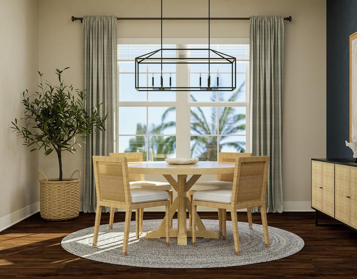 Rendering of dining room showing a round
  table and chairs with light fixture above a large window and surrounding
  décor with dark wood look flooring throughout.