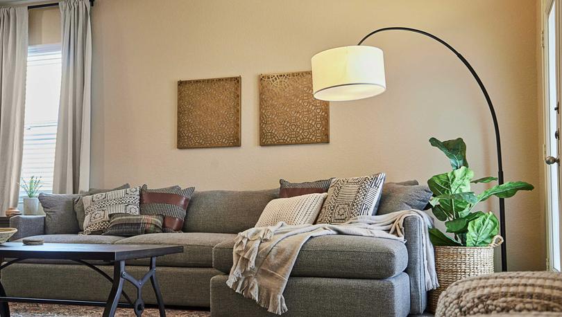 Staged living room with a gray couch and standing lamp.