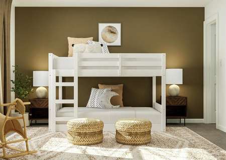 Rendering of a secondary bedroom
  featuring a white bunkbed, nightstands, and seating with carpet flooring
  throughout.