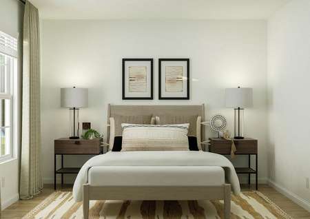 Rendering of a secondary bedroom
  featuring a large framed bed and décor.