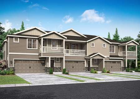 Artist rendering of a left angle of a 3-unit townhome building with the Sapphire, Diamond and Emerald front elevations shown with glass front doors and stone accents.