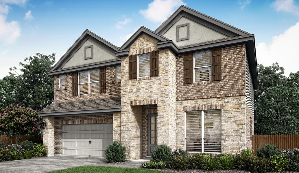 The Sterling plan has a luxurious stucco, brick and stone exterior.