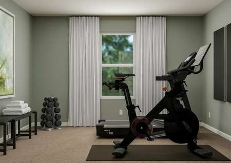 Rendering of a home gym furnished with an
  indoor cycling bike, treadmill, dumbbells, bench and mirrors.