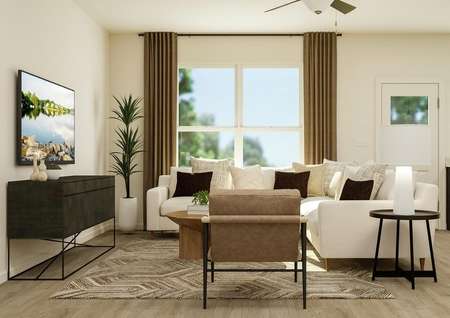 Rendering of the open layout of the
  Jaguar floor plan, featuring living room furniture and large windows.