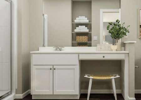 Rendering of the master bath looking
  towards the sink with white cabinetry and a makeup vanity. The shower and
  toilet are visible on either side and linen storage is reflected in the
  mirror.