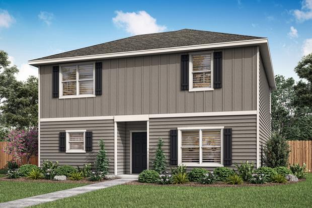 The Young plan has dark gray siding and front yard landscaping.