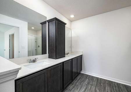 The spacious master bathroom has double sinks, large cabinet spaces and a step-in shower.