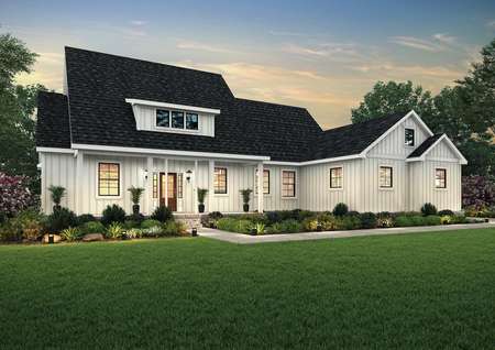 Dusk elevation of the single-story Yonah with white siding and a sideload garage.