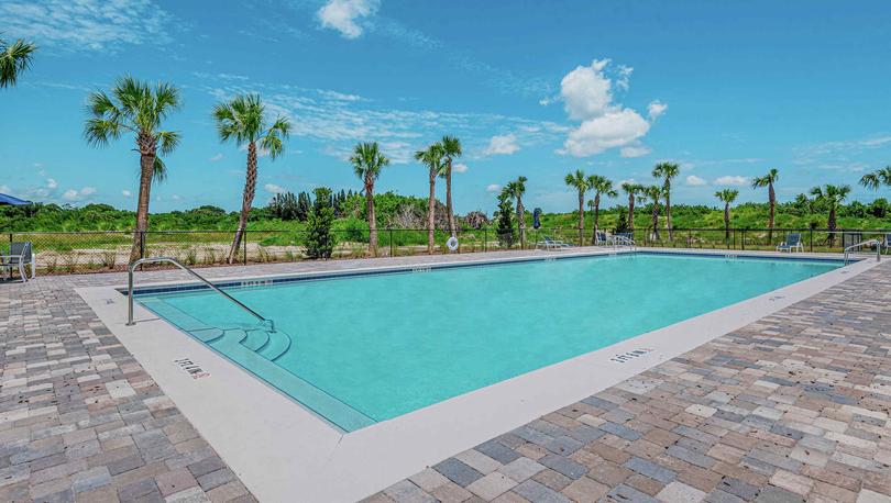 Community pool at Celebration Pointe. Beautiful stone surrounds the pool along with palm trees