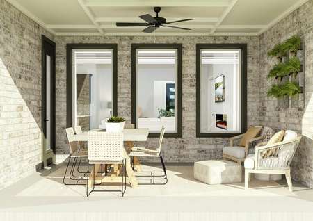 Rendering of the covered patio with
  ceiling fan. The space is furnished with a six-person dining table and two
  armchairs.