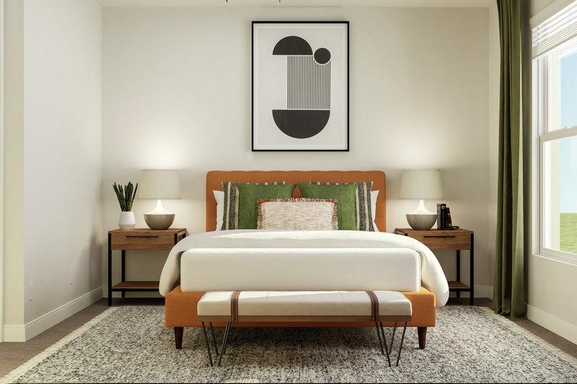Rendering of a secondary bedroom  featuring a large bed, nightstands, bench, and large windows letting in the  natural light. A view of the large closet is to the left.