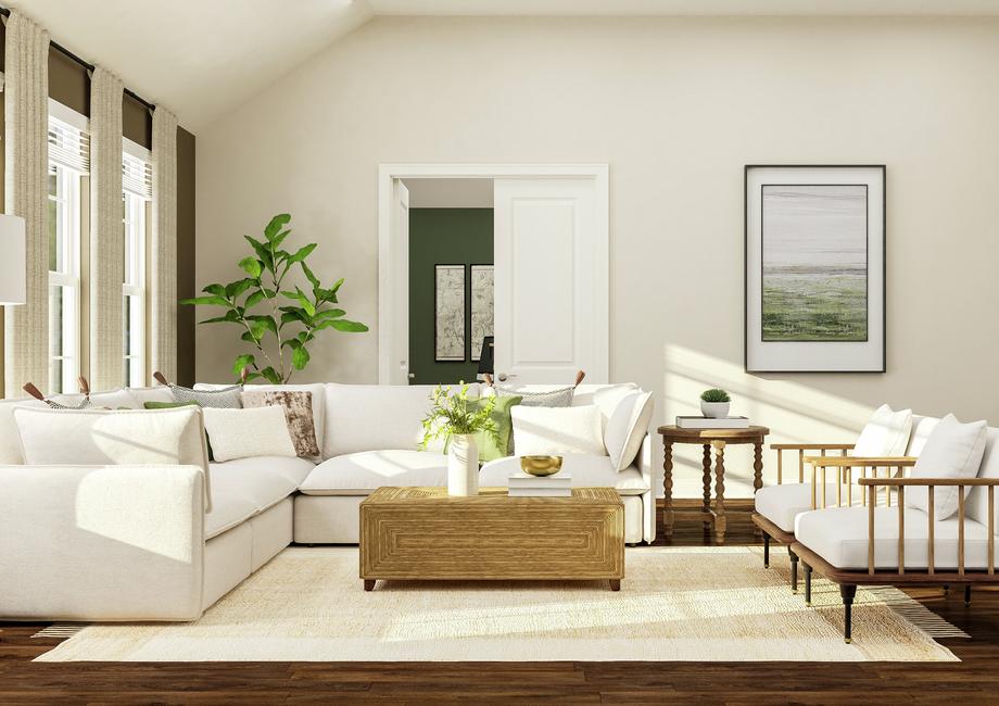 Rendering of living room showing white
  couch and coffee table in front of large windows on left, accent chairs on
  right, and dark wood look flooring throughout.
