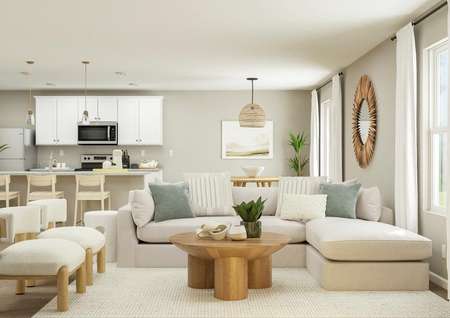 Rendering showing the open floor plan of
  the Burke, looking from the living room towards the kitchen and dining room.