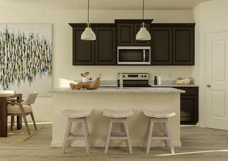 Rendering of the Pike's kitchen
  showcasing an island with three stools, brown cabinetry, granite countertops
  and stainless steel appliances.