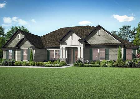 The Mantle plan is a gorgeous one-story home with siding and stone details.