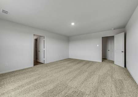 A sizable master bedroom with carpet and recessed lighting.