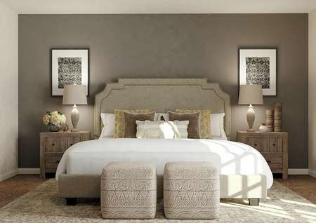 Rendering of spacious master bedroom with
  dark gray accent wall and carpet flooring. Decorated with large bed, two
  nightstands and mirror.