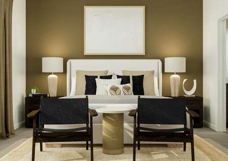 Rendering of the owner's bedroom complete
  with oversized furniture and décor with a view of the bathroom to the right.