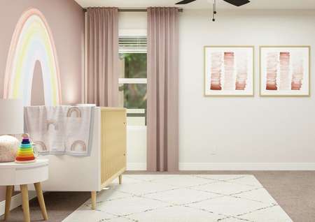 Rendering of a nursery featuring a crib
  and nightstands along a decorative accent wall.