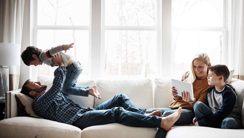 Family time on couch in living room