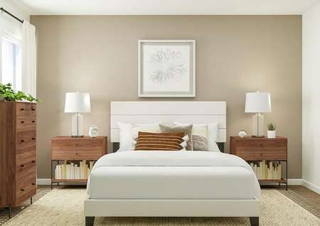 Rendering of bedroom with large bed, dual
  side tables, brown accent wall and cabinet space to the side.