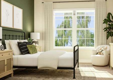 Rendering of fourth bedroom showing black
  framed bed with nightstand along green accent wall on left, large window
  center, and a wood dresser right with beige carpet flooring throughout.