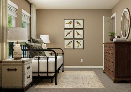 Rendering of a bedroom featuring large
  furniture and natural décor, with carpet flooring throughout.