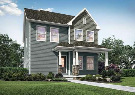 Artist rendering of 2-story Gloucester plan with gray siding and shake shingle detail, covered front porch, 6 windows, glass front door and stone detail on porch columns.