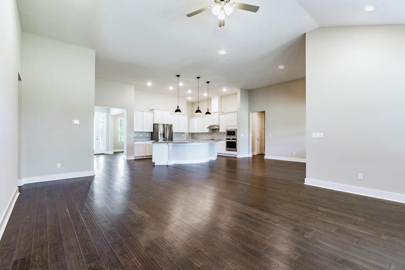 Living room with wood floors and high ceilings overlooking the chef-ready kitchen.