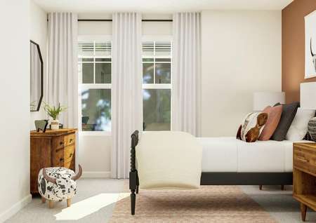 Rendering of a bedroom looking towards a
  large window. A bed and nightstands sit across from the dresser.