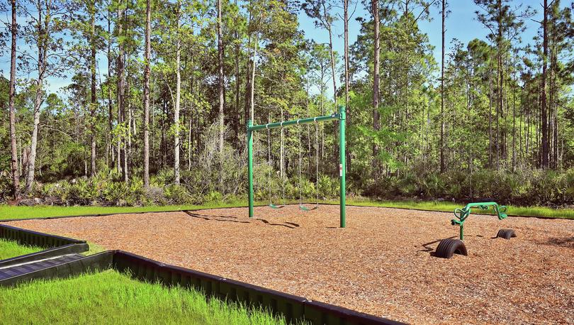 A community playground featuring a swing set and a seesaw, all surrounded by tall, mature trees.