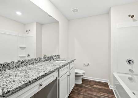 Secondary bathroom with large vanity.