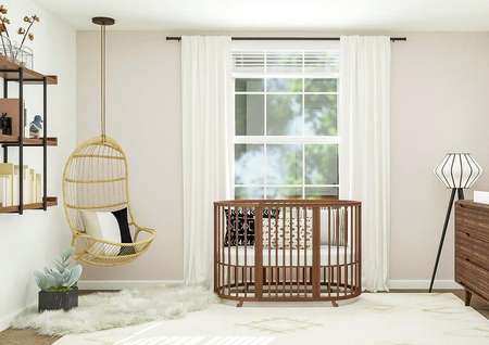 Rendering of nursery room with crib,
  large window behind crib, hanging chair, and large storage space.