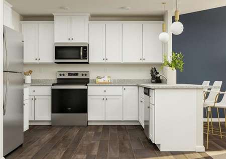 Rendering of the kitchen with vinyl plank
  flooring, white cabinetry and stainless steel appliances.