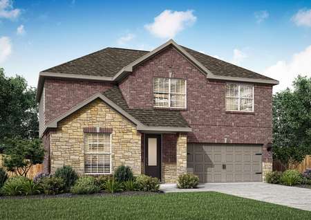 Artist rendering of the front elevation of the Roosevelt C by LGI Homes with brick and stone accents.