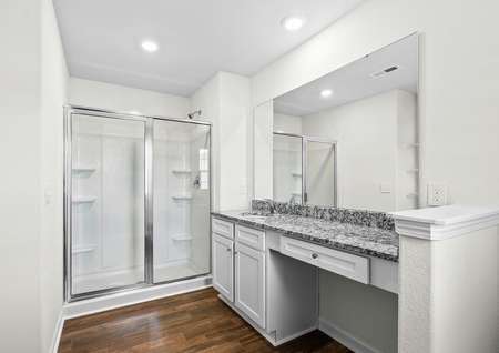 Master bathroom with vinyl plank flooring, a walk-in shower and a large vanity.