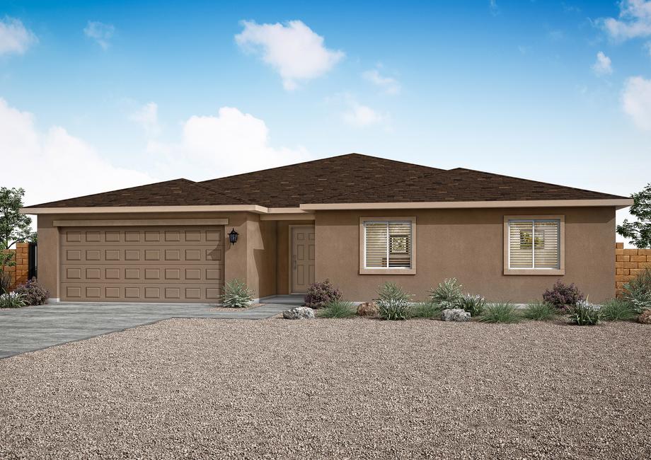 Rendering of the 5-bedroom Zuni with two front windows and a covered front porch.