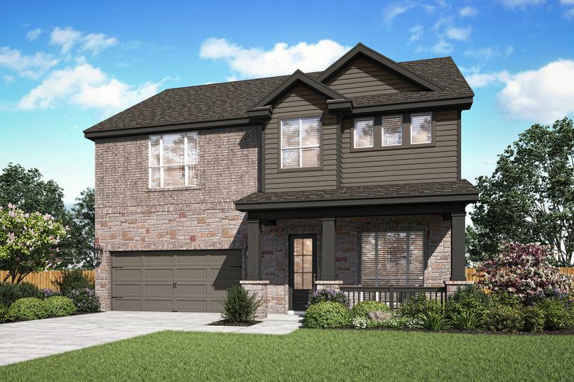 The Brazos has a covered front porch and beautiful brick and stone detailing.