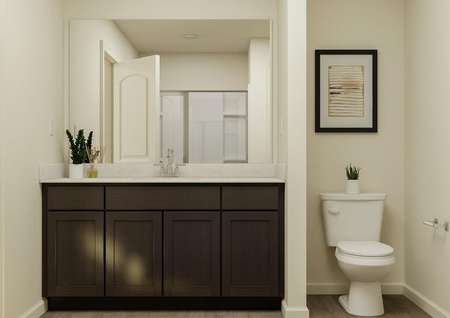 Rendering of the owner's bathroom
  featuring a wood and granite vanity and toilet.