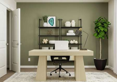 Rendering of an office with open
  shelving, desk, black computer chair and a potted tree.