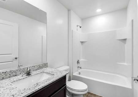 Guest bathroom with dual shower and tub, espresso cabinets, and granite countertops.