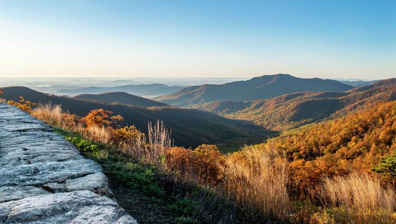 Martinsburg, West Virginia sunrise over Blue Ridge Mountain at Shenandoah National Park with rocky cliffs and mountains with vegetation